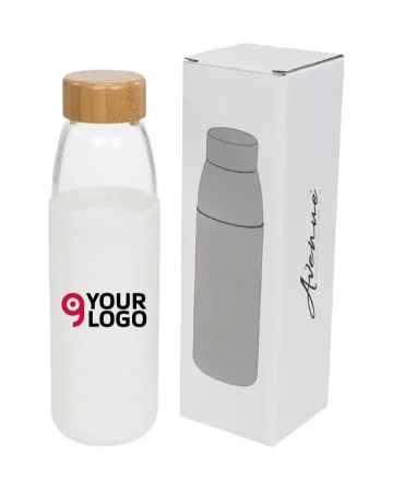 Botella deportiva de vidrio de 540 ml con tapa de madera