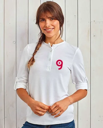 Camiseta de manga larga para mujer con botones redondos y cuello redon
